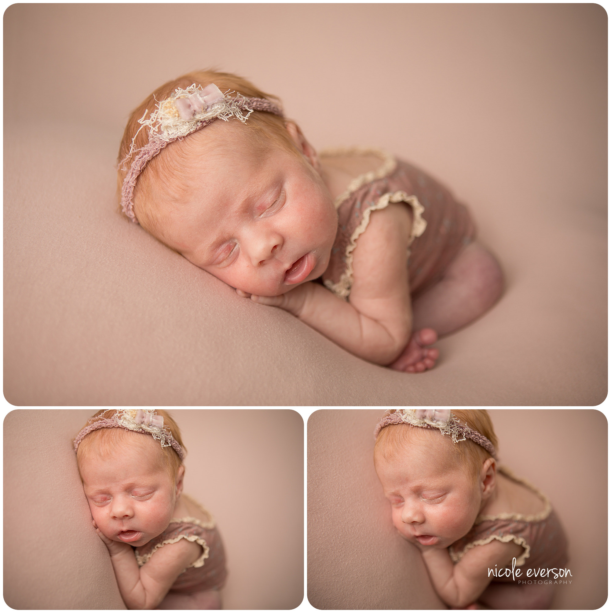 newborn sleeping durring a newborn photoshoot on a pink backdrop