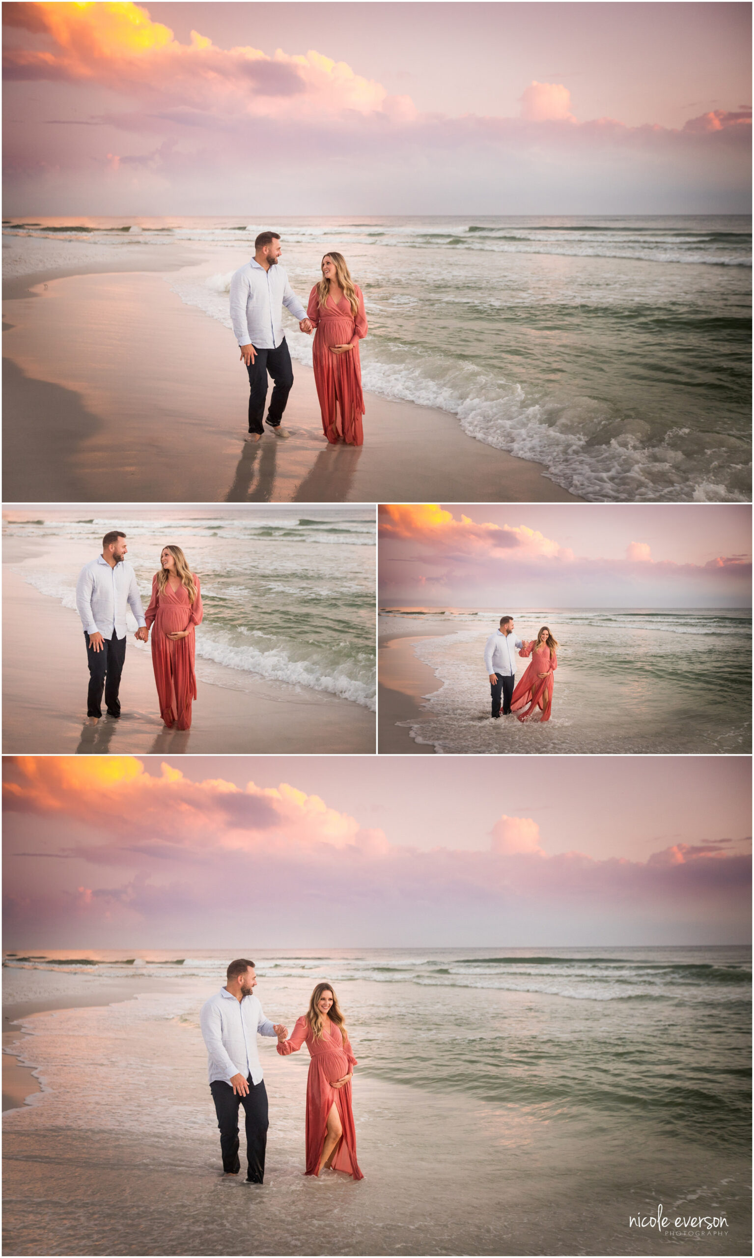 Couple on a Beach in Seaside Florida  at Sunset pregnant with second child 