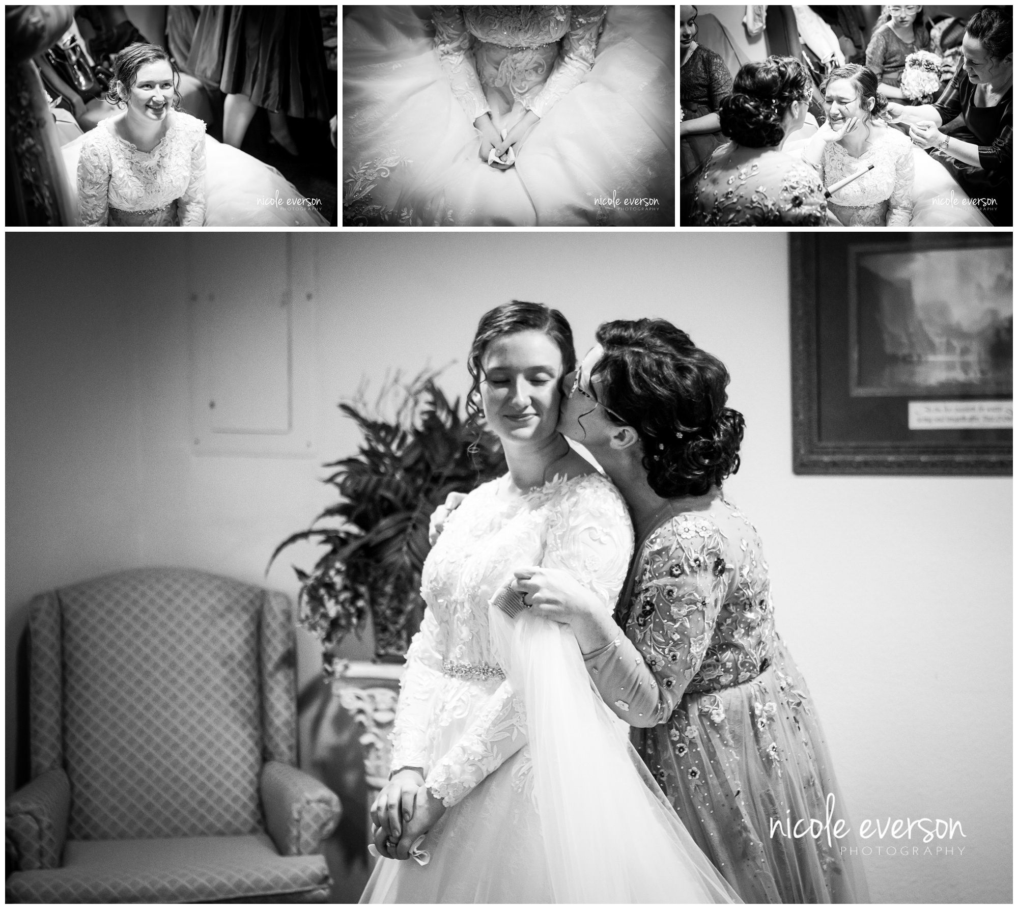 black and white wedding photographs of mother and bride