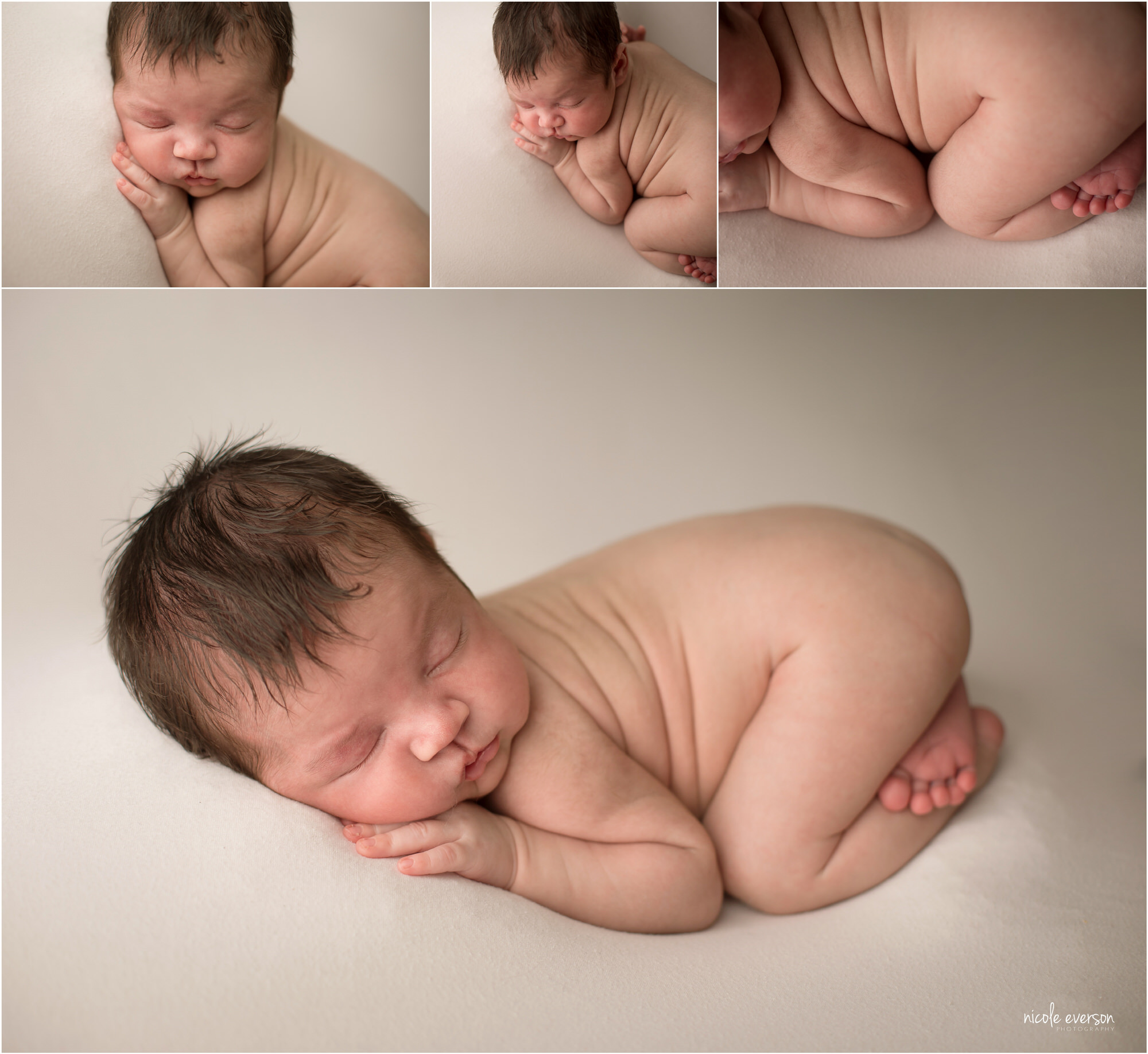 newborn baby boy photographed on a white backdrop at Nicole Everson Photography