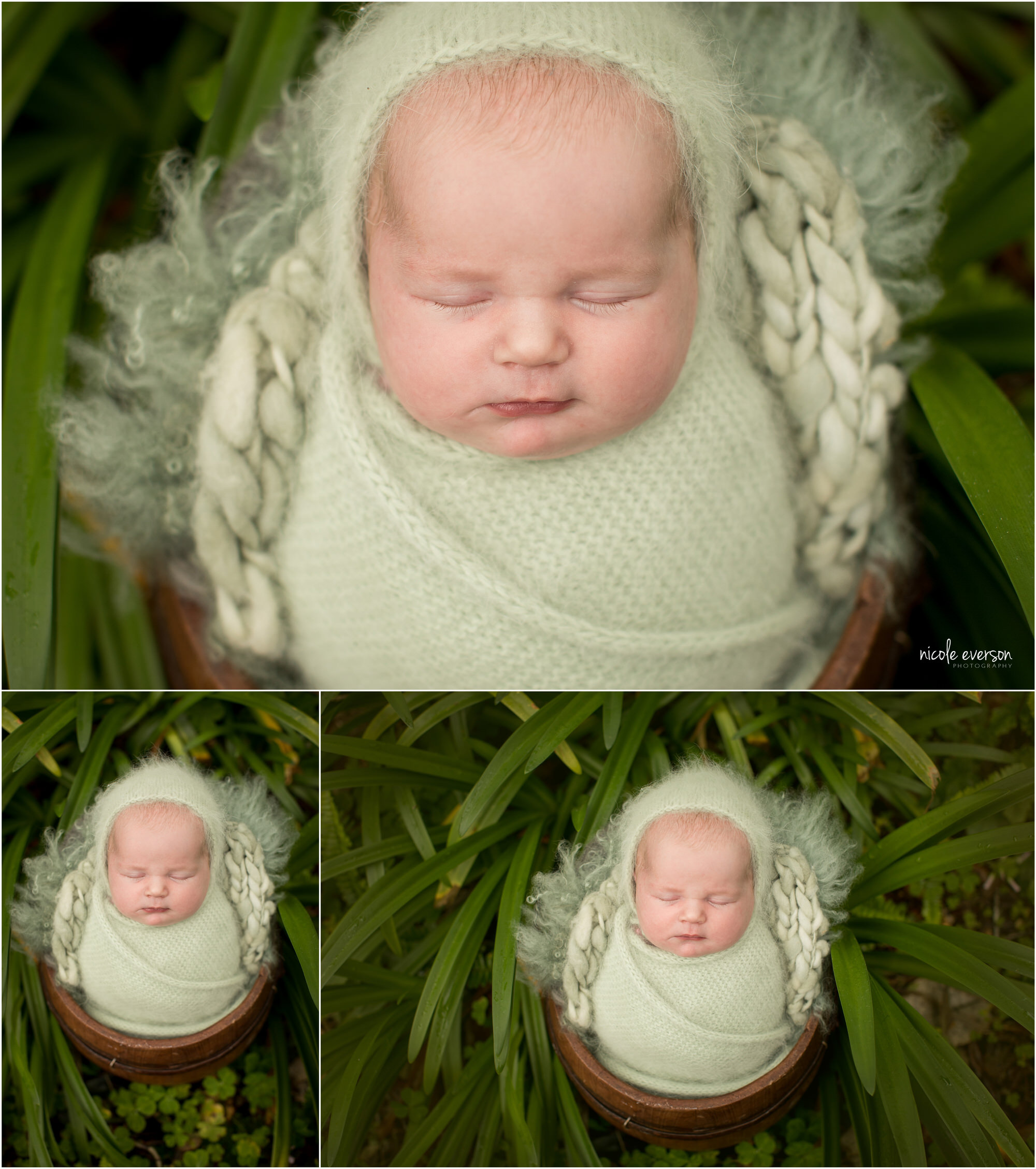 newborn baby girl swaddled in a sage green photography prop photographed in a Destin garden