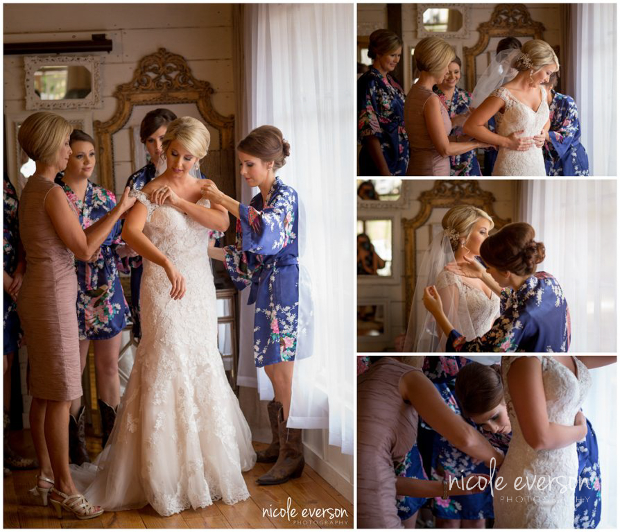 Bride putting on her lace wedding dress on her wedding day Tallahassee